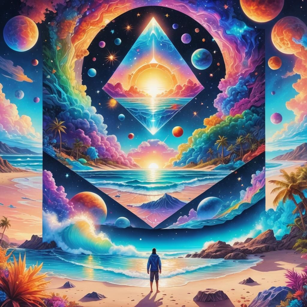 Cosmic crystalline beach with a glowing sunrise