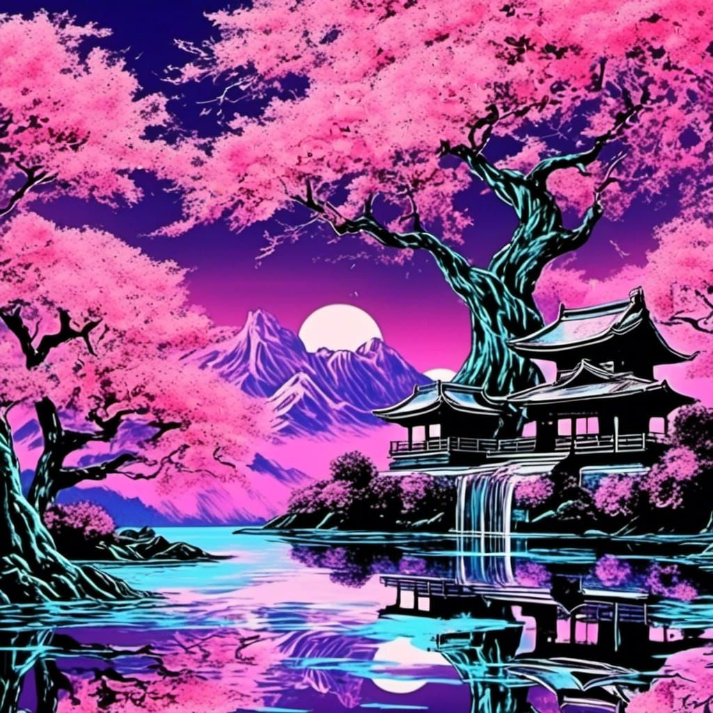 <lora:Vaporware Sci-Fi VHS:1.0>
Glitched 1990's  Sci-Fi VHS scene: Vaporware graphics. 
A beautiful ancient sakura tree in front of a lake....