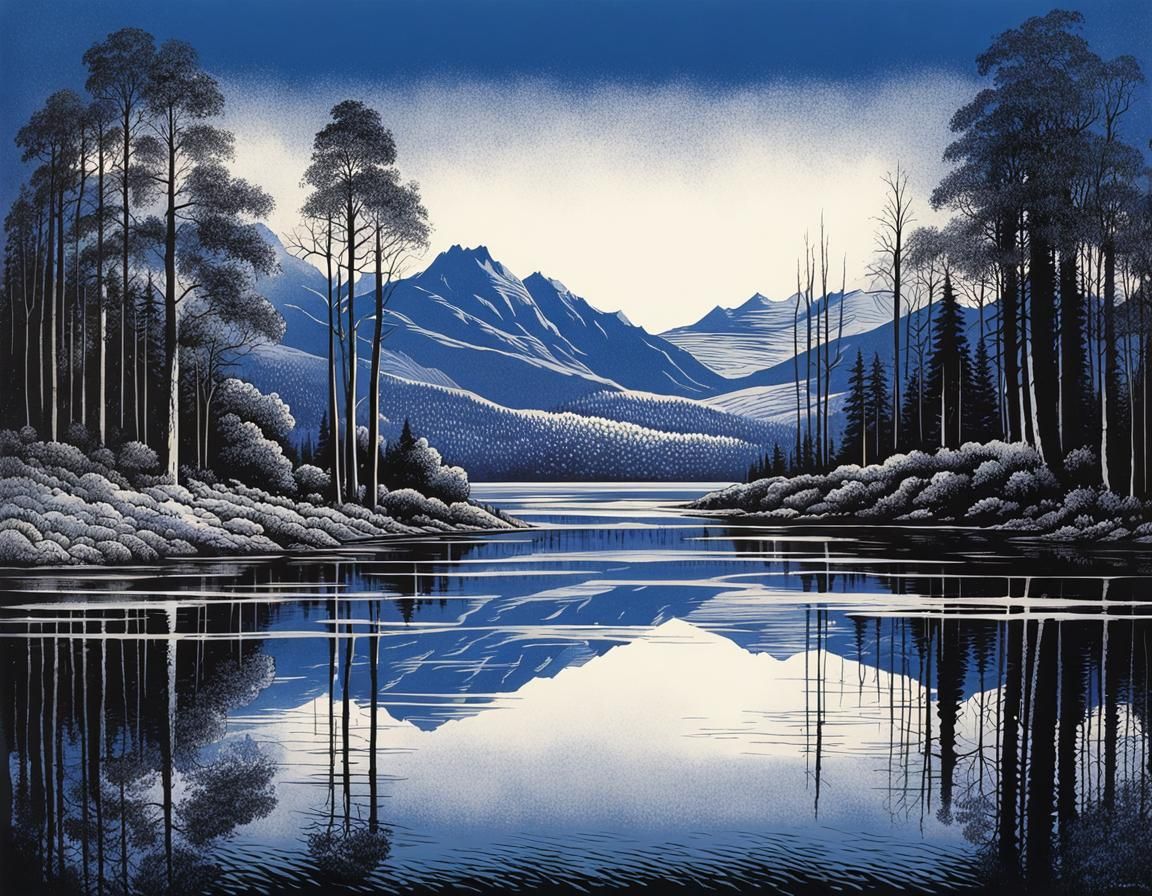 the beautiful landscape is reflected in the lake, by Virgil Finlay and Pierre Pellegrini, blue ink drawing, ...  by @Tina auf der Blumenwiese