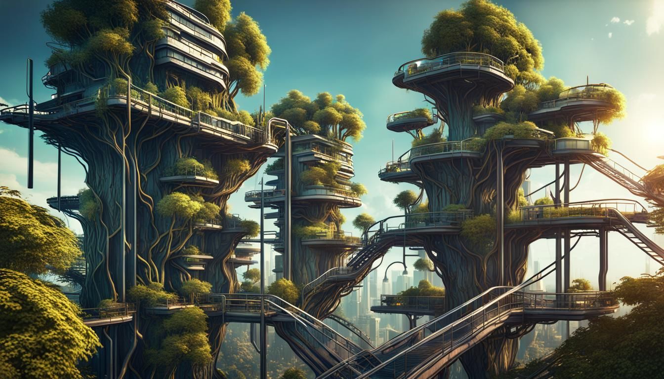 futuristic City on trees  blend the walls with branches and add lots of ladders and walkways detailed ...  by @undefined