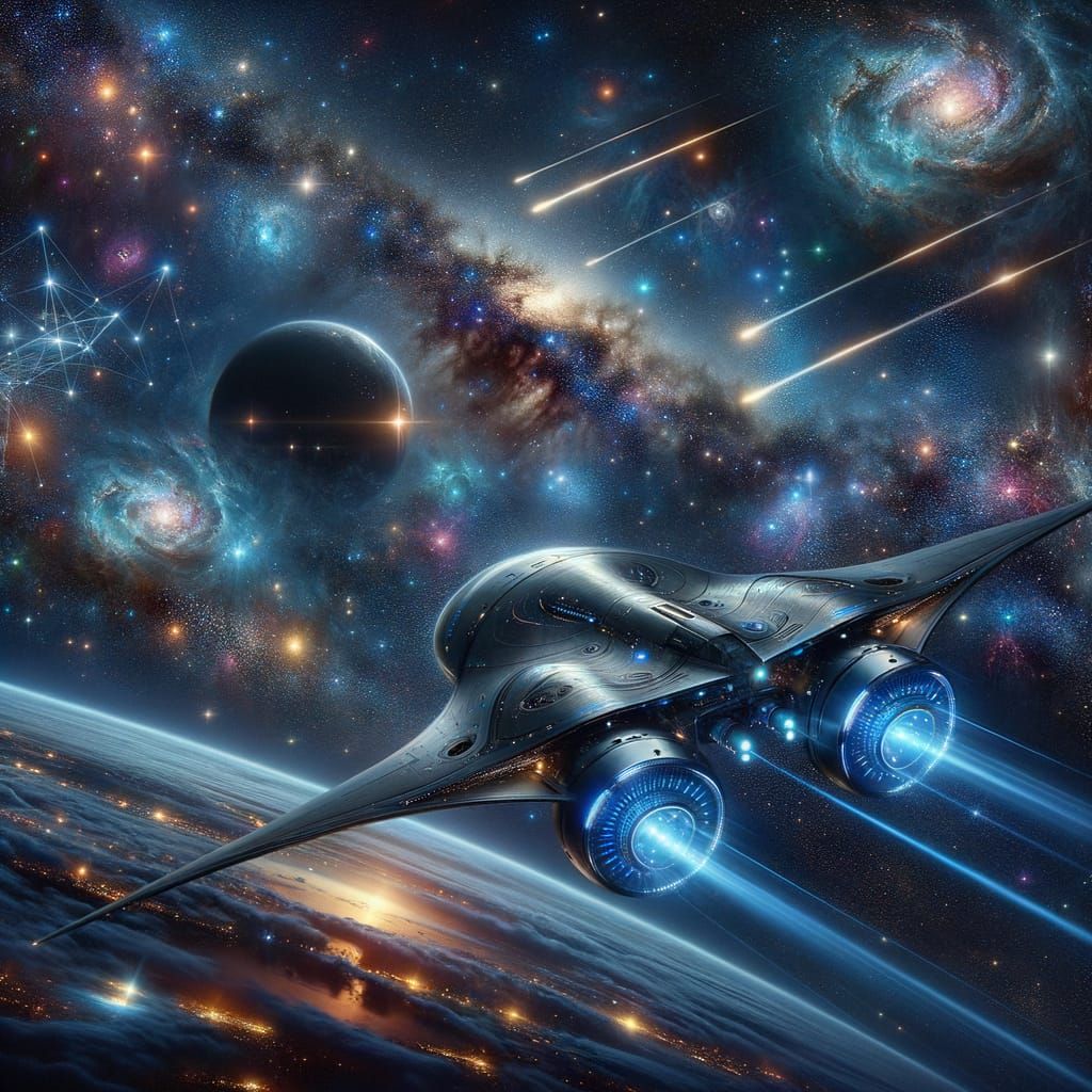 A futuristic spaceship glides among the stars, surrounded by glowing galaxies, nebulae, and colorful ...  by @Zoli