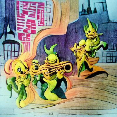 Yellow imp jazz quartet, style of jack kirby art