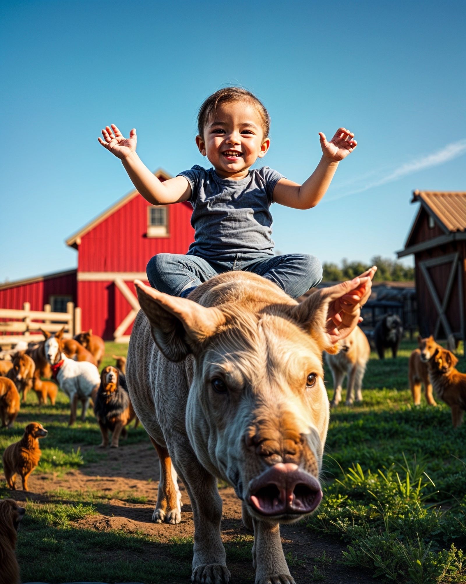 Baby doing yoga on a pig.