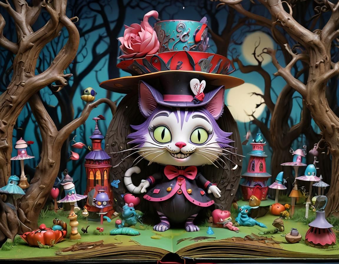 Pop-up book style Cheshire cat