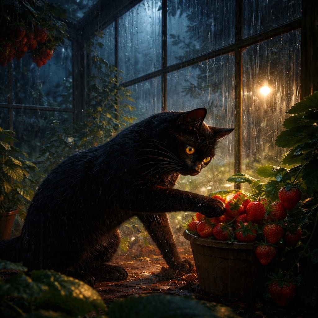 thief in the greenhouse in a rainy night