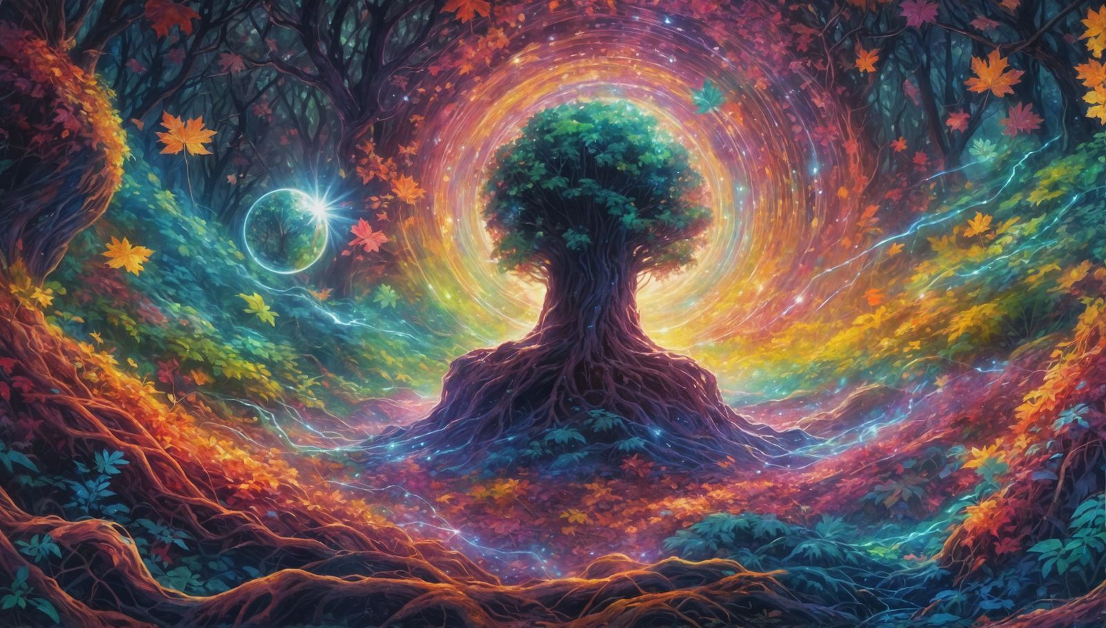 hologram aura god Realistic painting of a scene beneath a forest canopy, with sunlight filtering through the leaves and ...