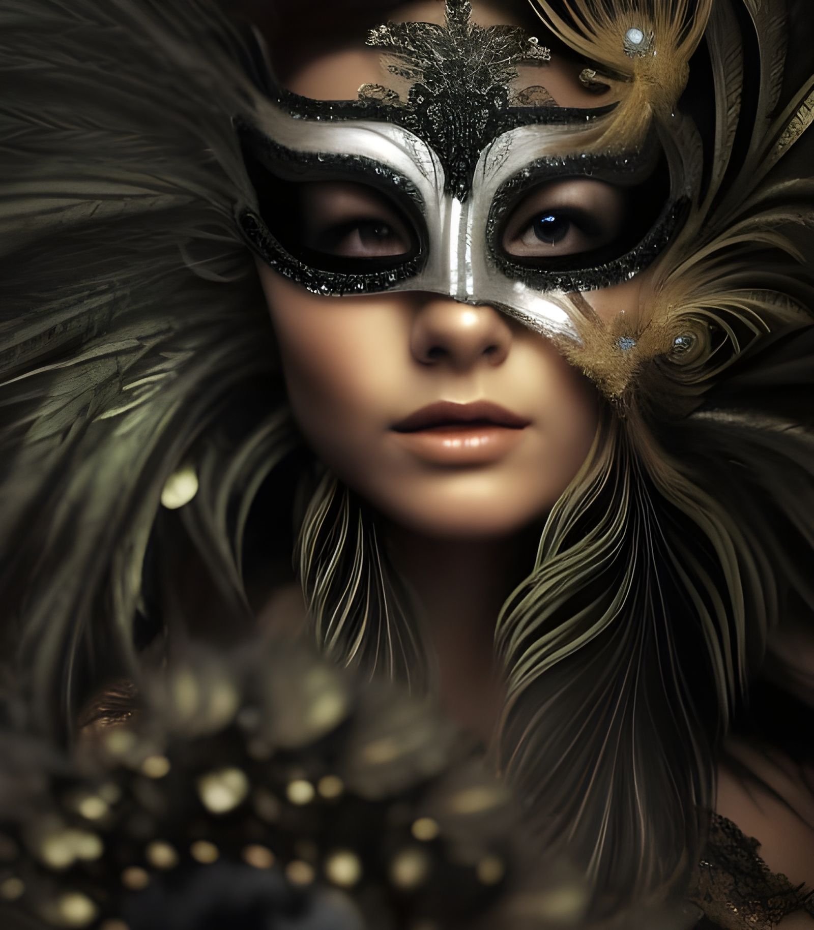 masquerade woman wearing an elaborate masquerade outfit and mask