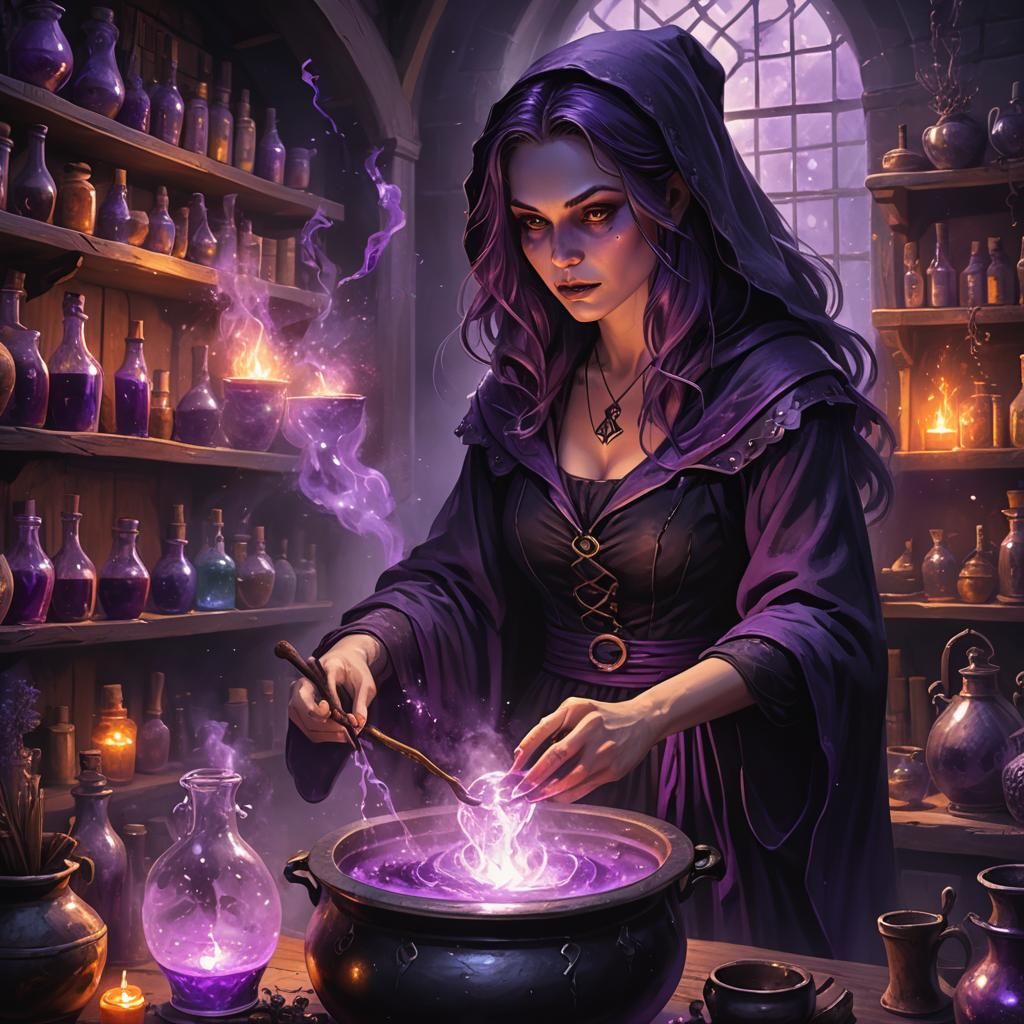 A witch pouring potions into a cauldron. She has a mischievous expression on her face. The witch is young and beautiful. She wears a large b...
