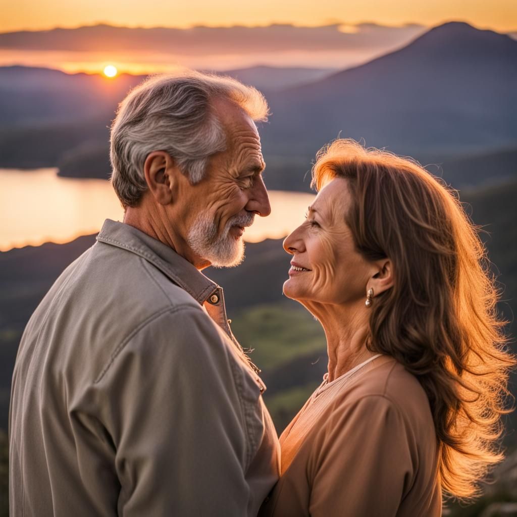 Two beautiful 50 something man and woman is looking lovingly into each others eyes while the background ...  by @undefined