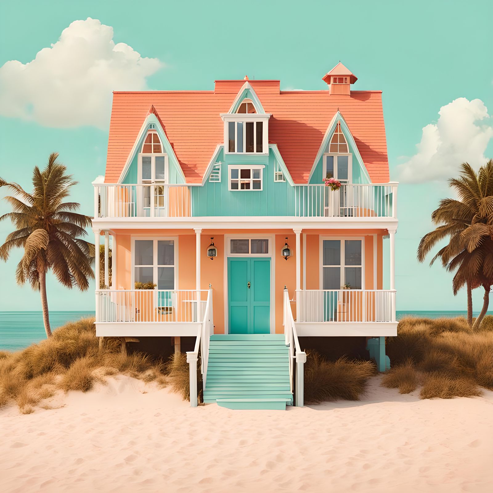 Wes Anderson style house on a beach