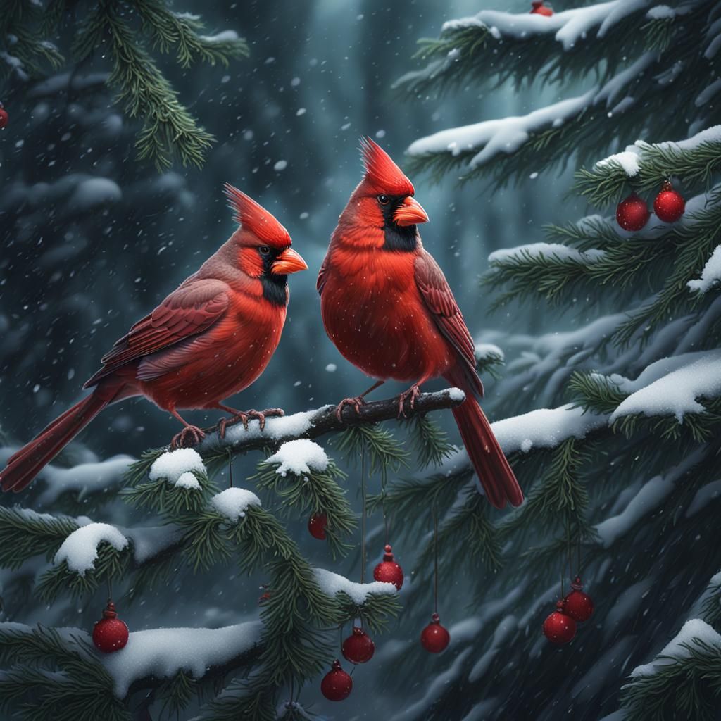 2 cardinals in an evergreen while the snow is falling trying...