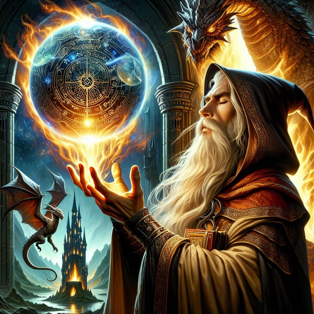 Mystical Wizard Harnessing Orb Power in Tower