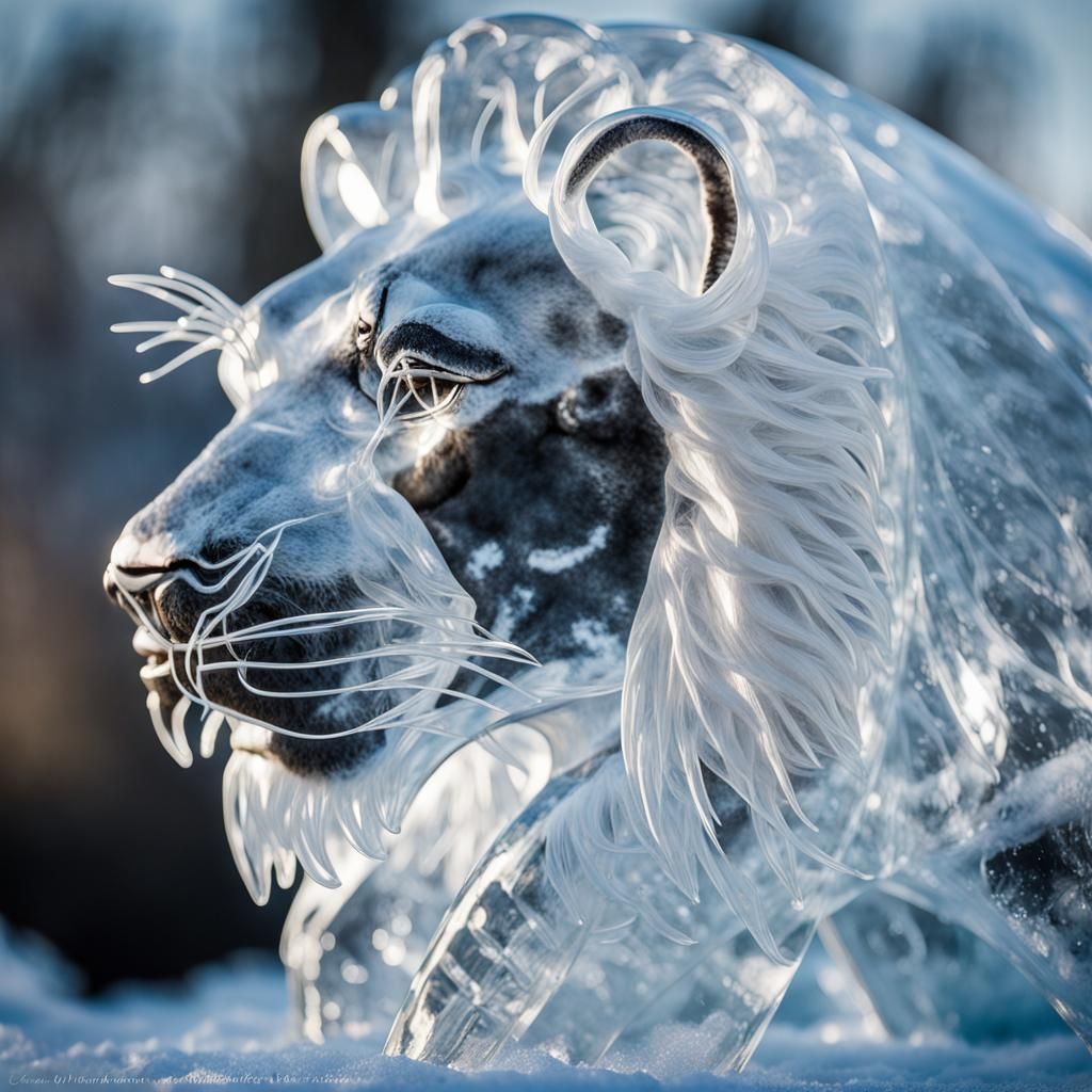 A fully transparent ice sculpture of a Majestic lion.  by @JC-digiart