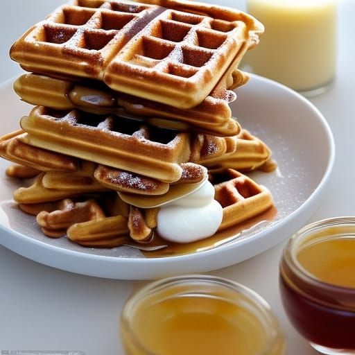 stack of delicious waffles with butter, syrup and whipped cr...
