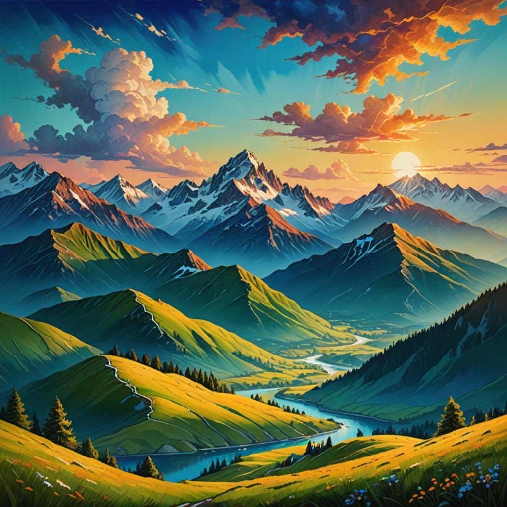 Surrealist Masterpiece: Serene Mountain Range at Sunset