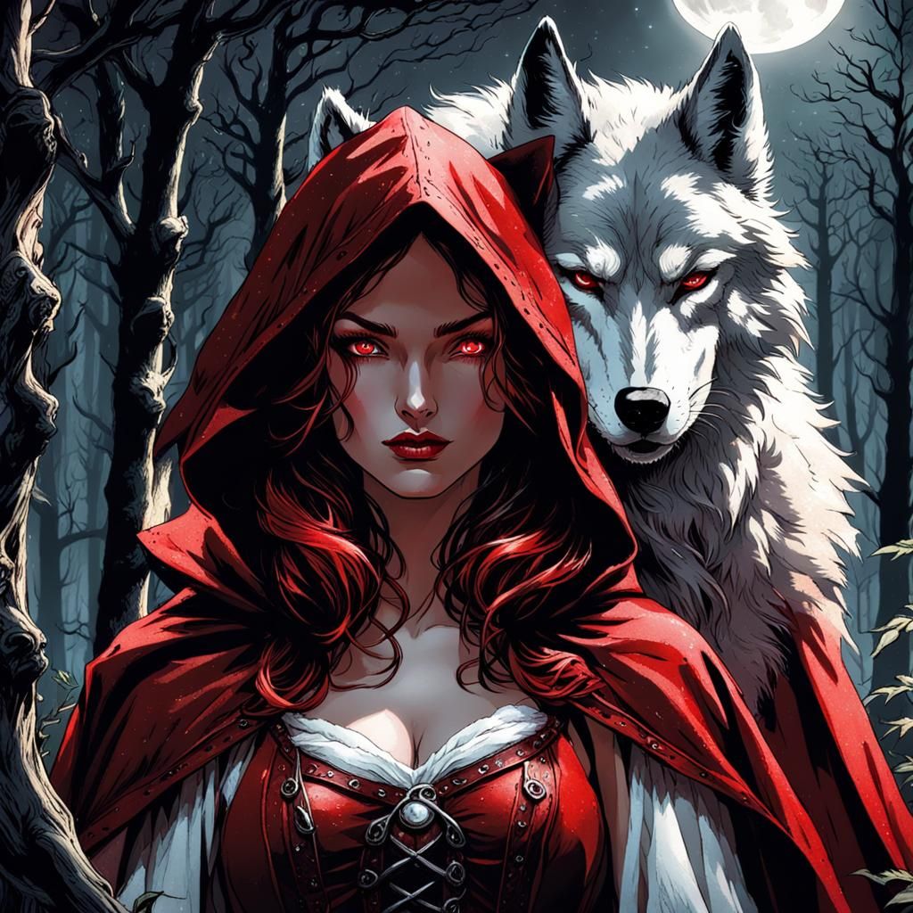 a naturalistic beautiful scanty clothed adult red riding hood with wolf. showing skin. adult comics. thick lines. Luis Royo, Grzegorz Rosins...
