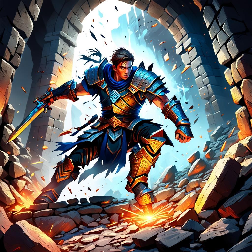 Warrior Breaks Through Walls in Fantasy Art