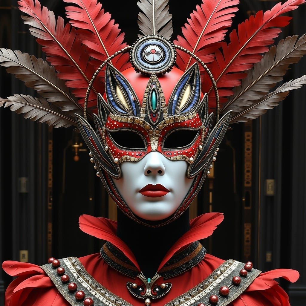 <lora:MJ6 FluxMasks:1.0> 
Venetian Dream: A mask reminiscent of a Venetian carnival, adorned with feathers, sequins, and intricate filigree...