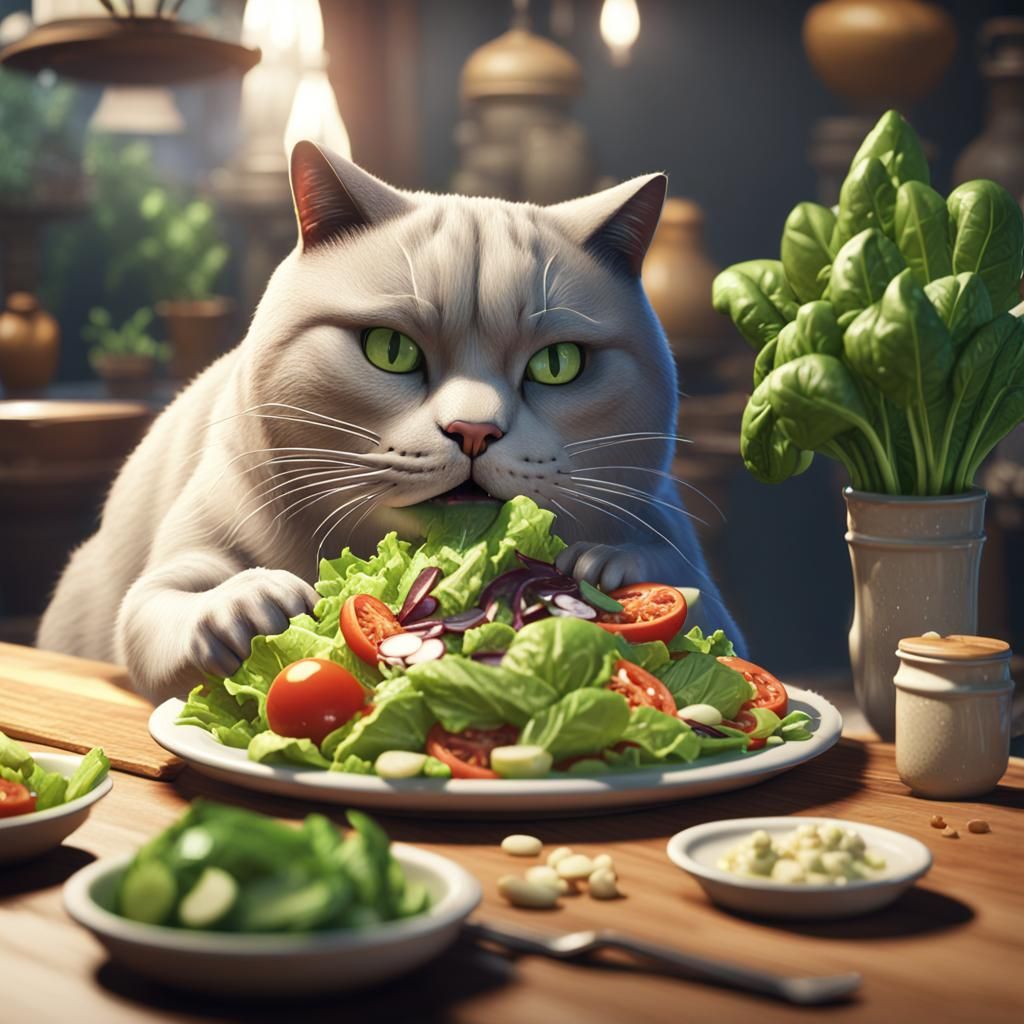 a fat cat eating salad