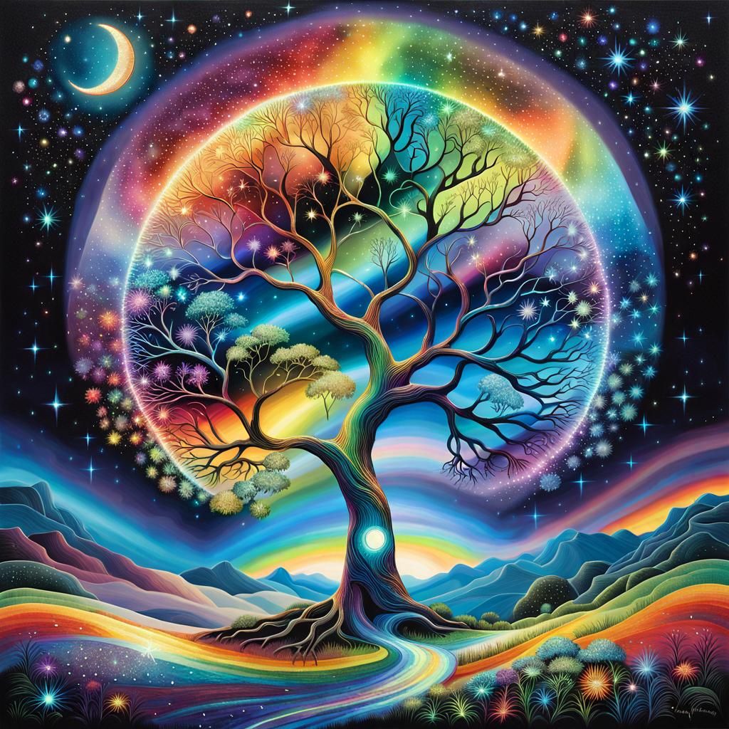 Intricately detailed, bioluminescent rainbow glittering witc...