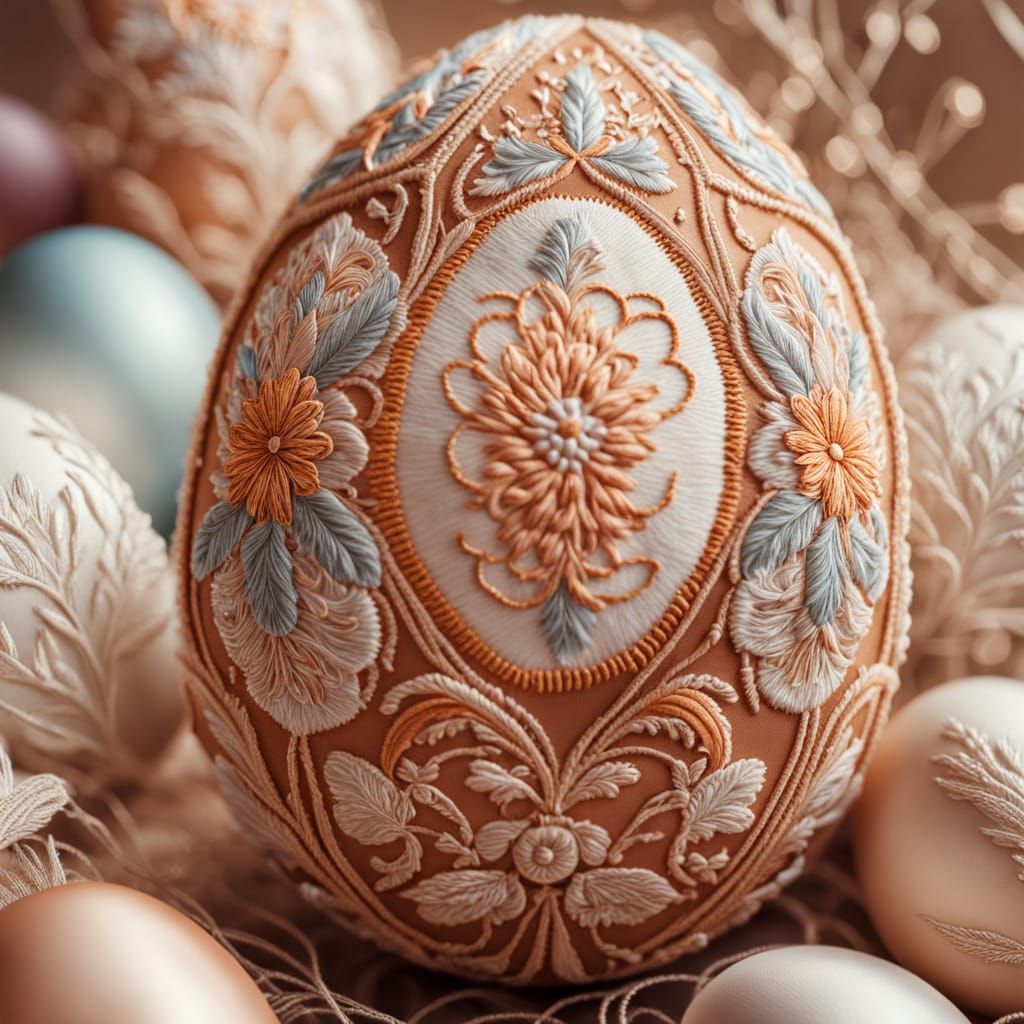 intricate sepia embroidered Easter egg. Photographic style. High resolution. Bokeh background ...  by @The Marshes