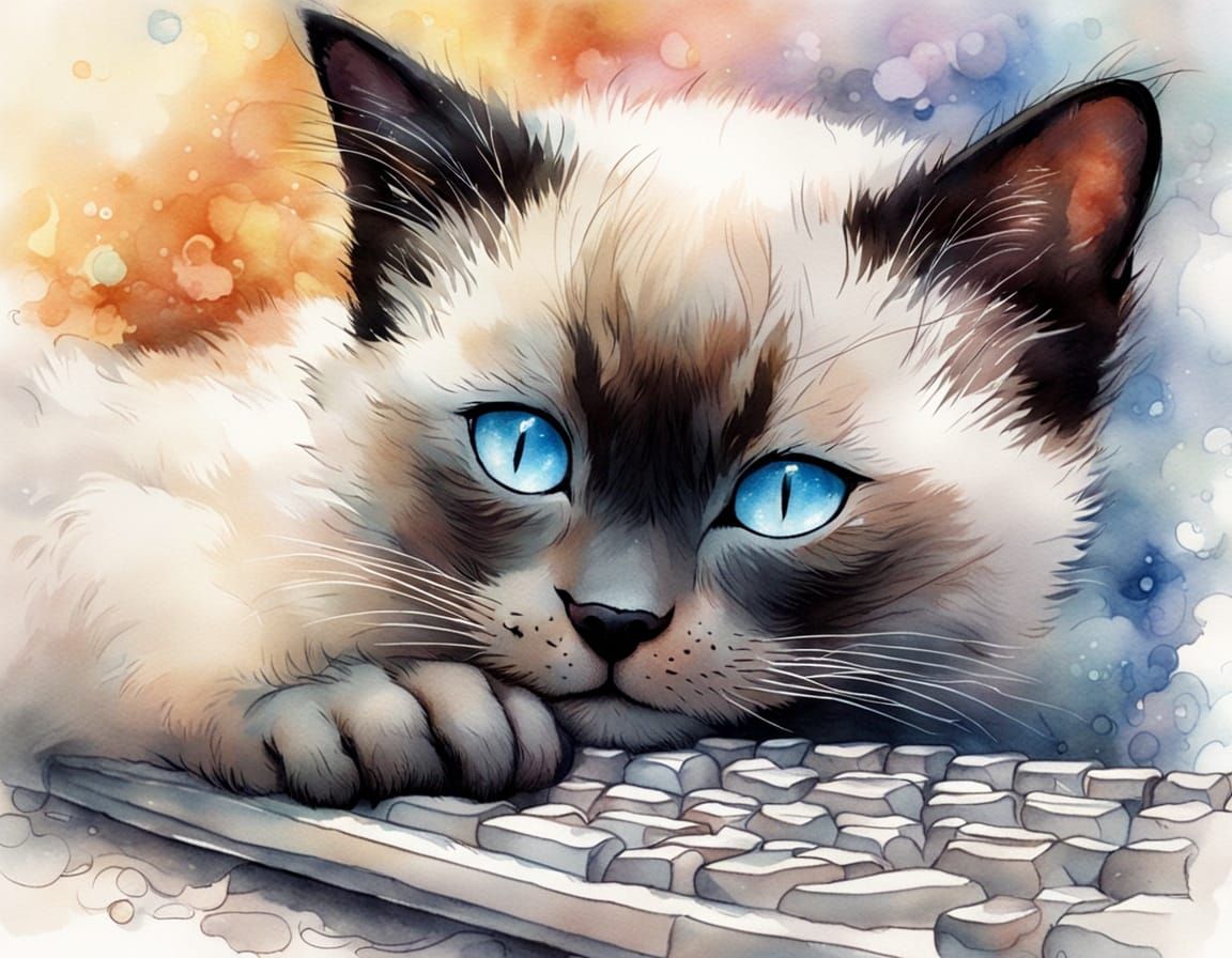 Ethereal Siamese Kitten Sleeps on Keyboard