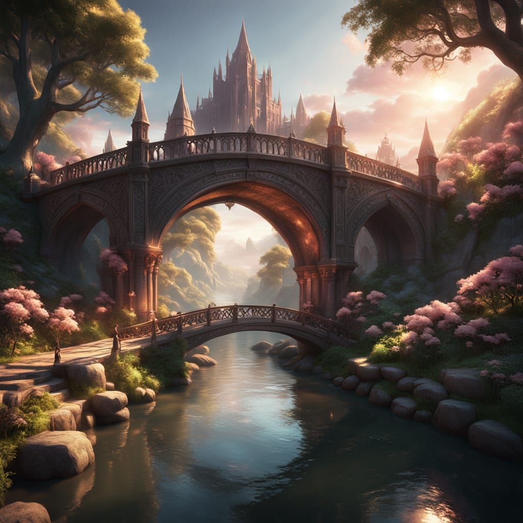 Epic Elvish Bridge in a Lush, Misty Landscape