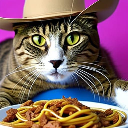 A cat eating spaghetti wearing a cowboy hat - AI Generated Artwork -  NightCafe Creator