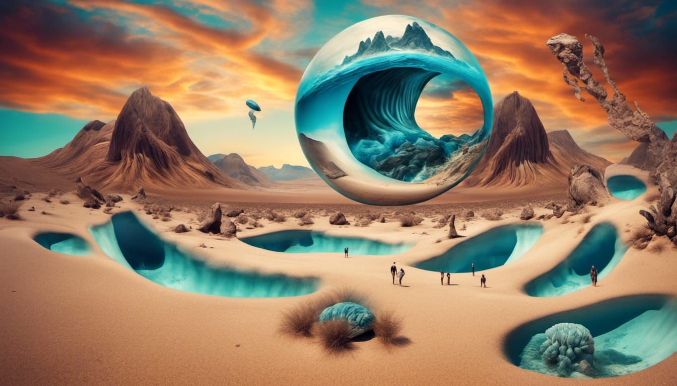 Surreal trippy world with mountains and warped images of lif...