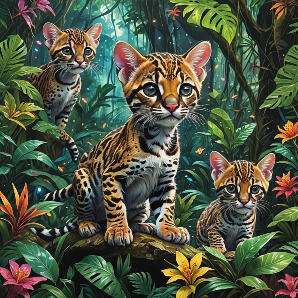 ocelot kittens playing in the rainforest  by @undefined
