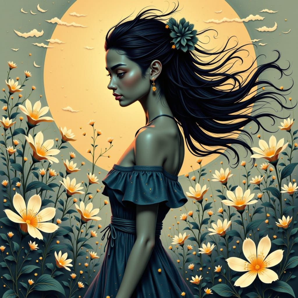 A young woman with flowing hair stands in a field of glowing, bioluminescent flowers, her face lit by the ethereal glow. The background is a...