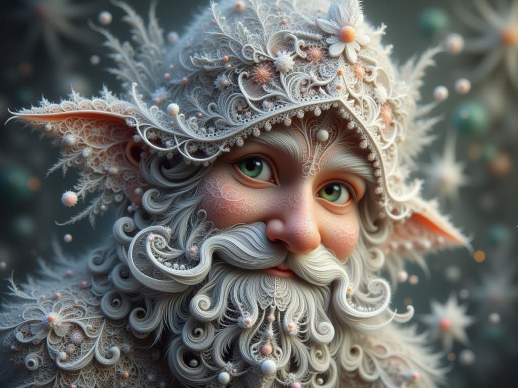 <lora:FiosFractalLace:1.0> A beautiful Male Gnome in the style of Fractal lace.