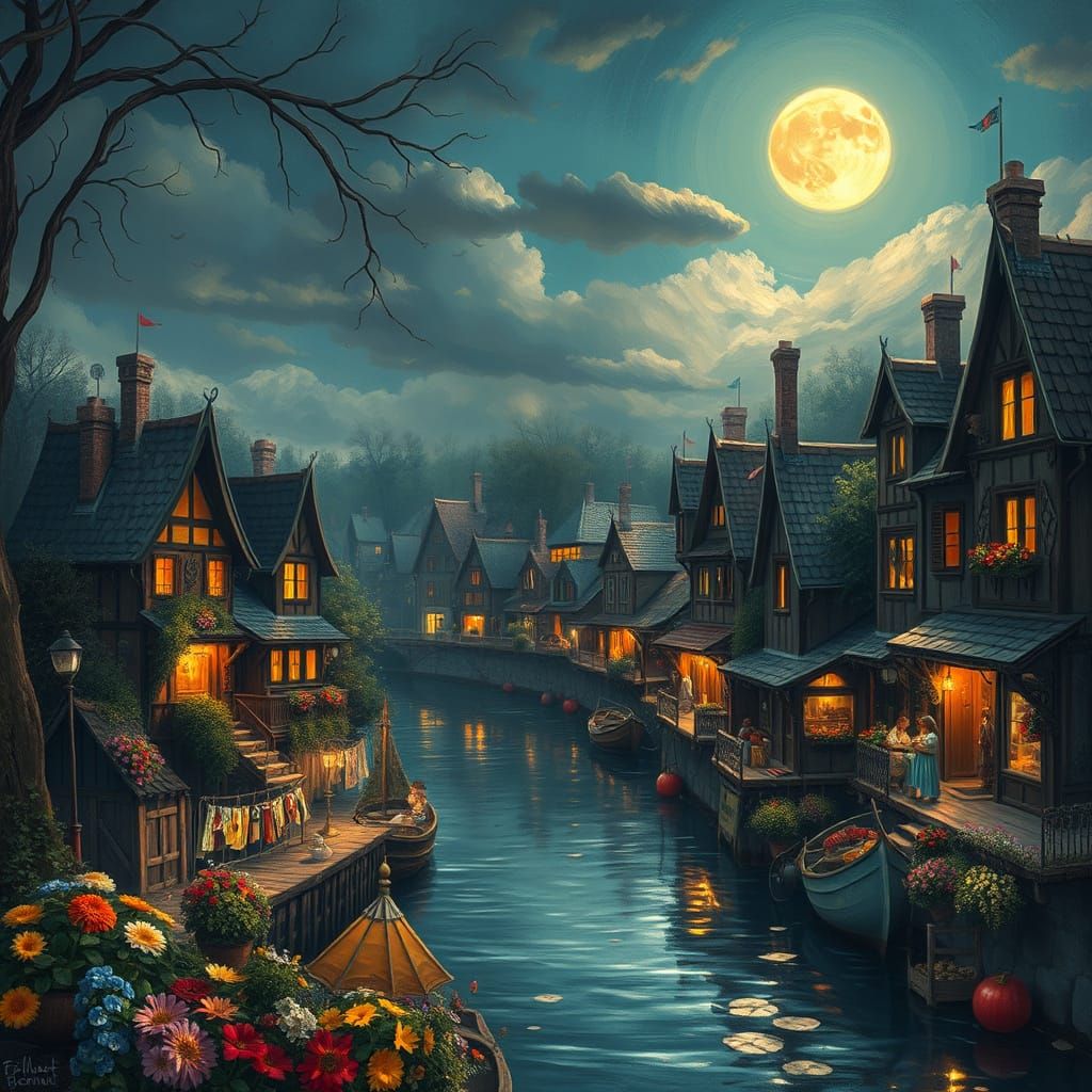 Colorful naive folk art scene, oil painting, depicting riverside houses by the Seine, night scene, cheerful ...  by @Richcruise Liu