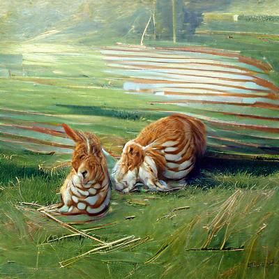Two ginger striped rabbits on grass