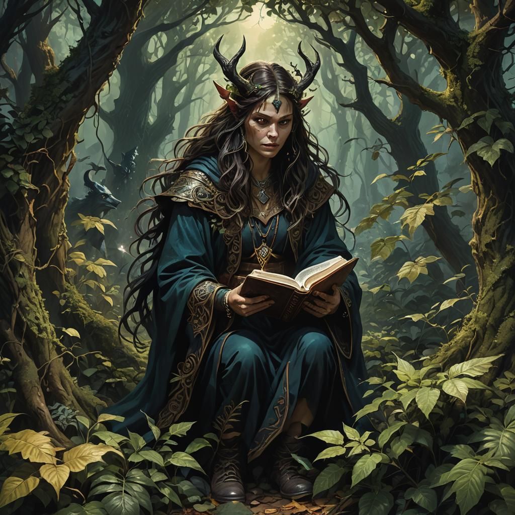 The sorceress hid behind the foliage of a bush while shadows...