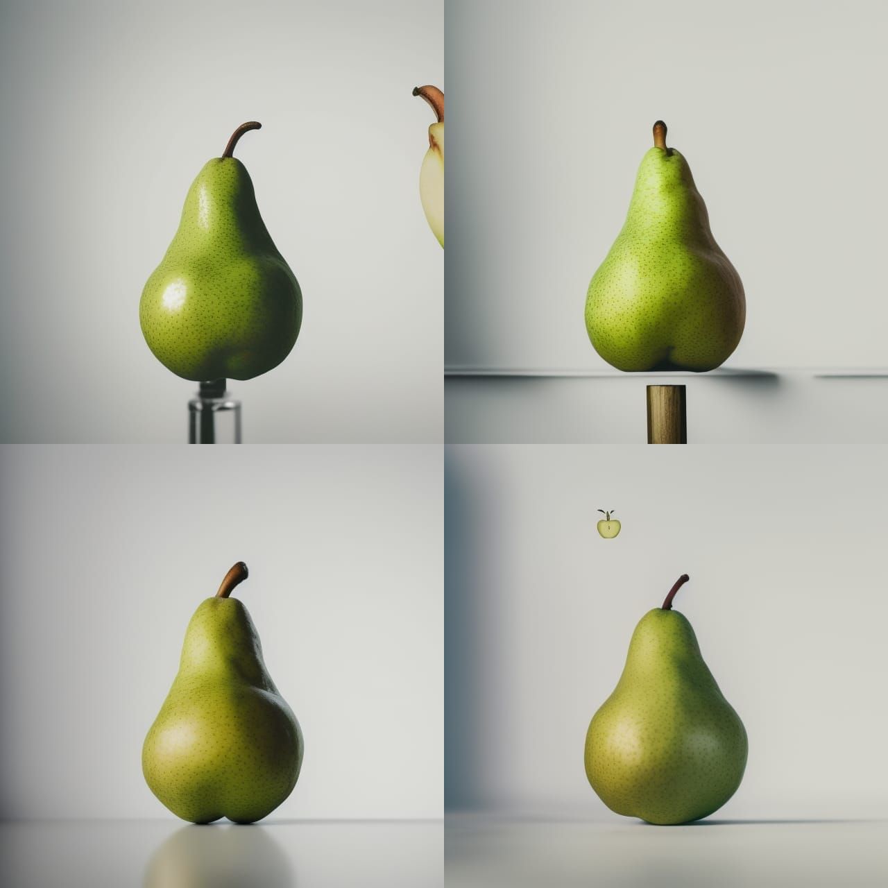 A pear in a hat and with eyes, in front of a small man in a ...