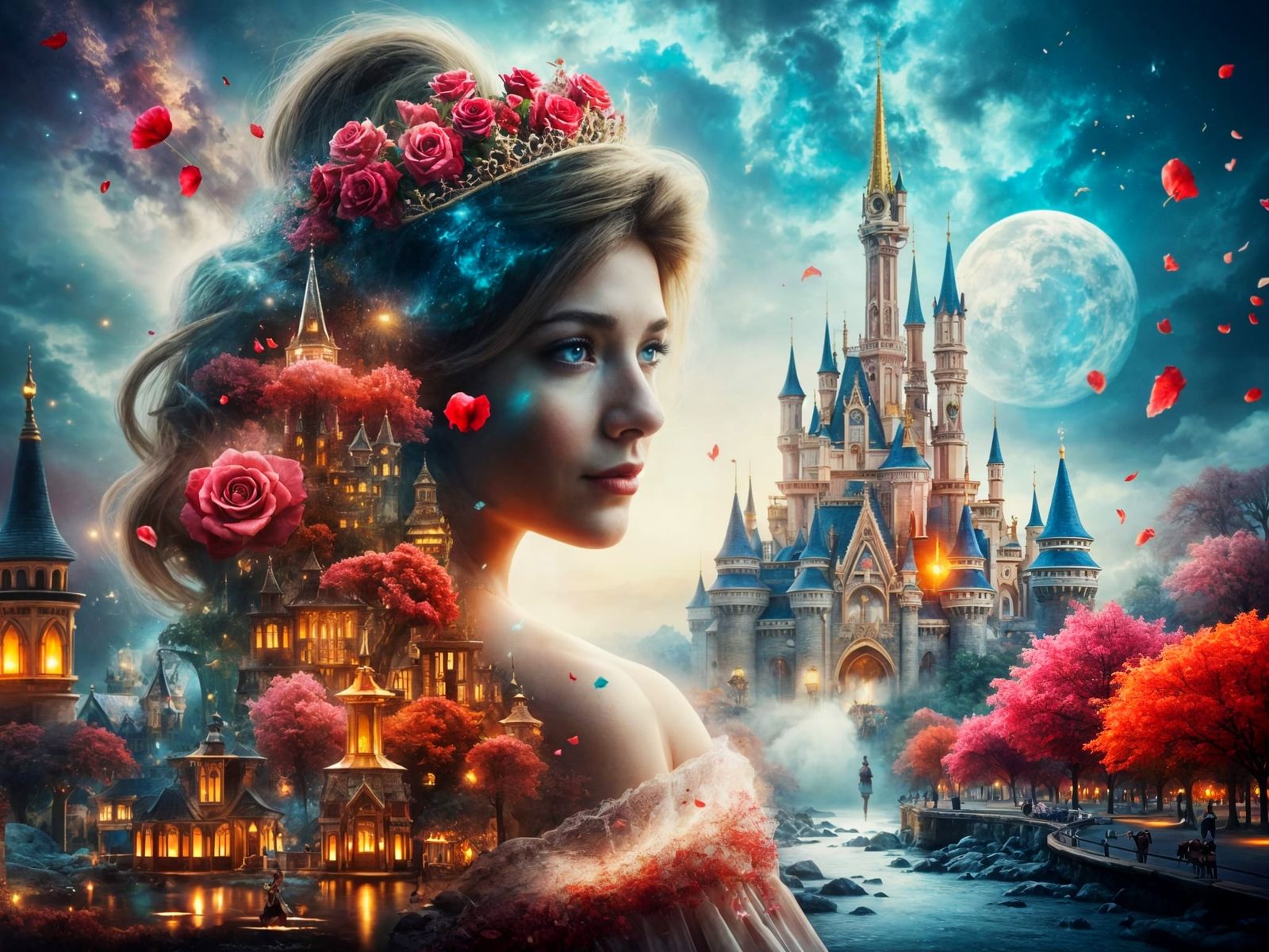 <lora:FiosDblexAnimals:1.0> The Princess, the Castle and the Roses
