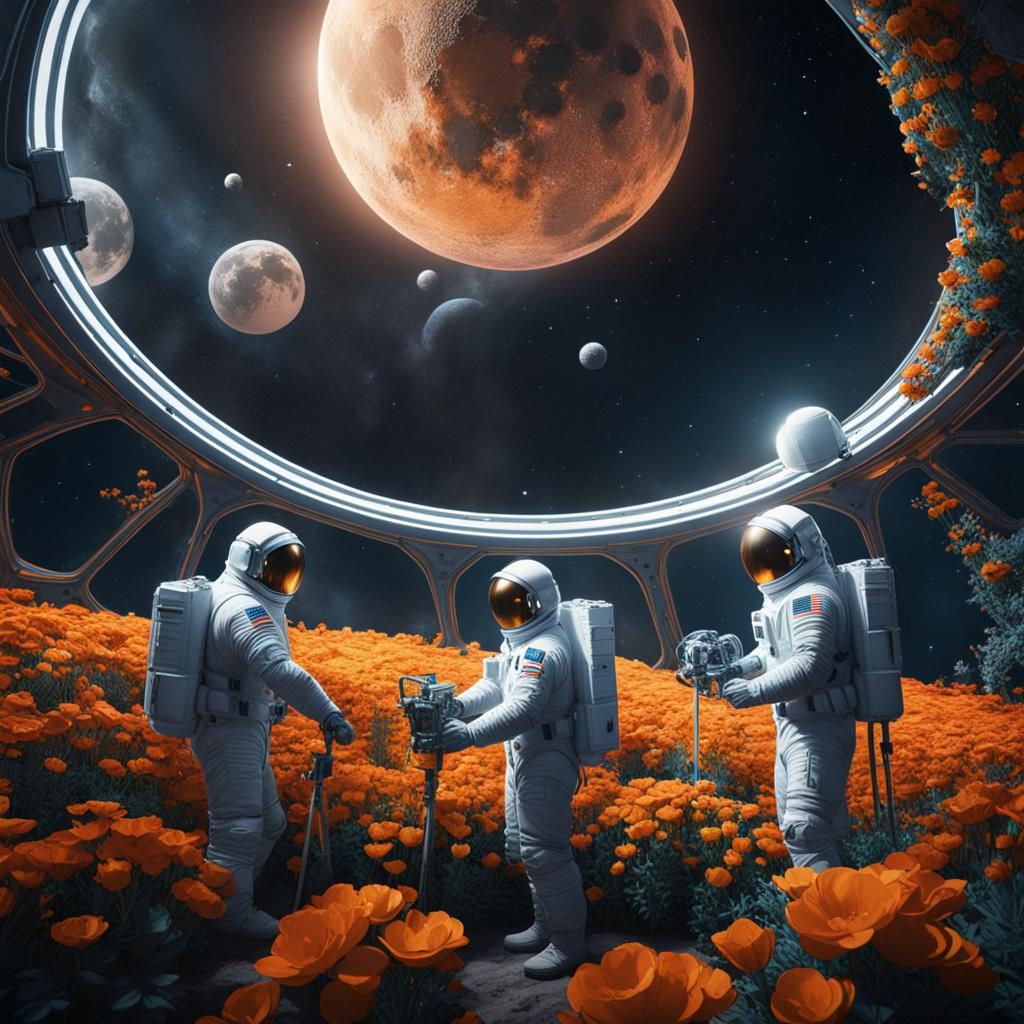 Three men in spacesuits tending to the flowers in a geodesic...