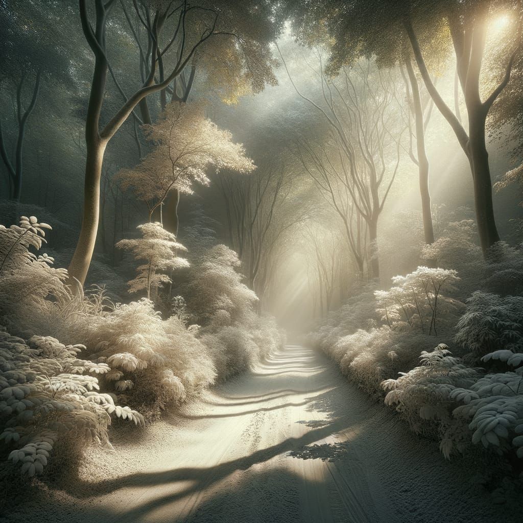 sun-dappled forest path, white flour