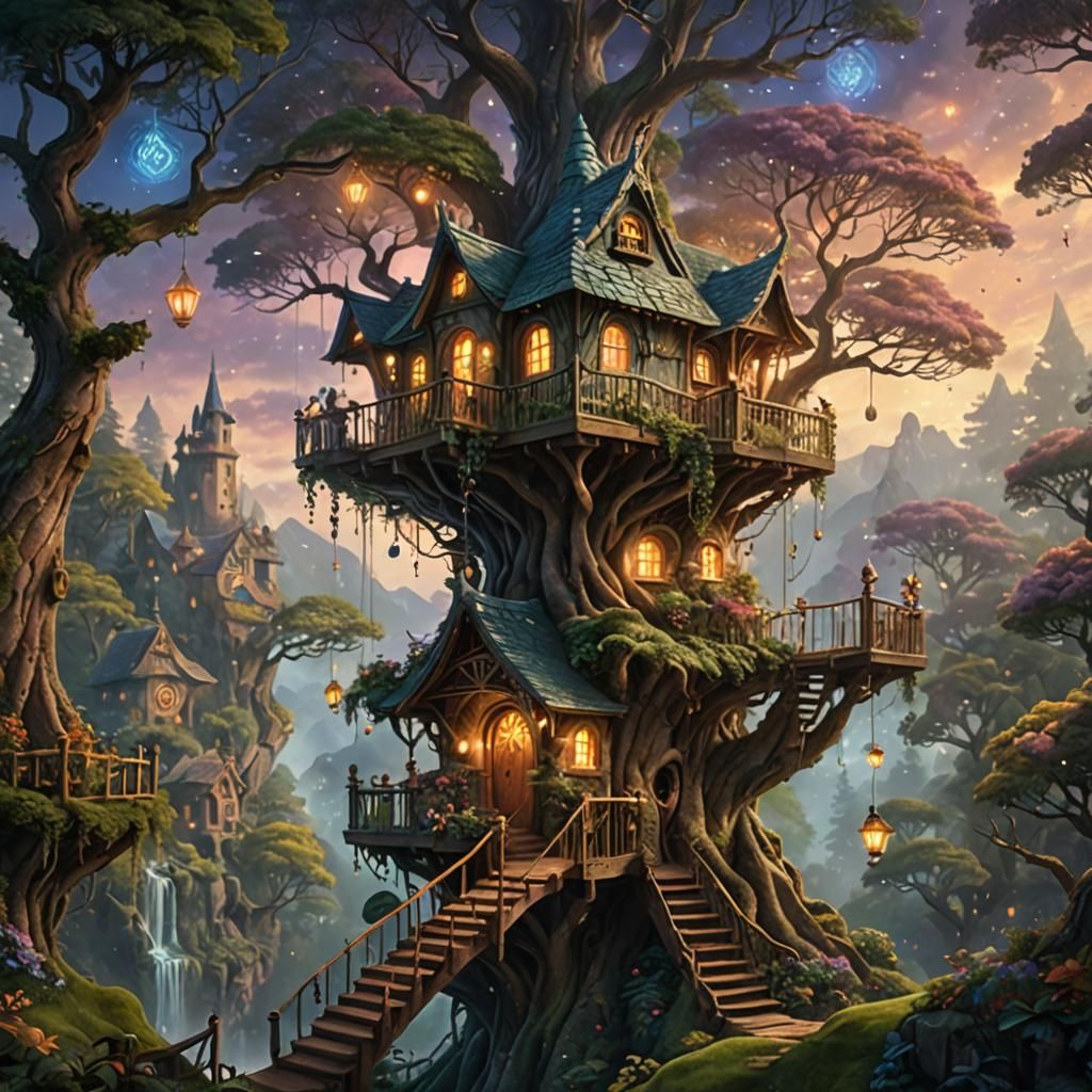 Tree houses in the Fae Realm - AI Generated Artwork - NightCafe Creator