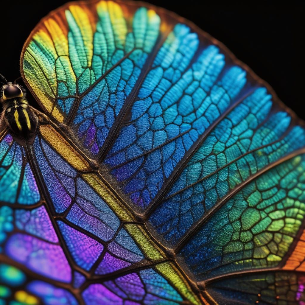 Macro shot of a butterfly wing, showing kaleidoscopic scales and light diffraction  by @Katerinafrompoem
