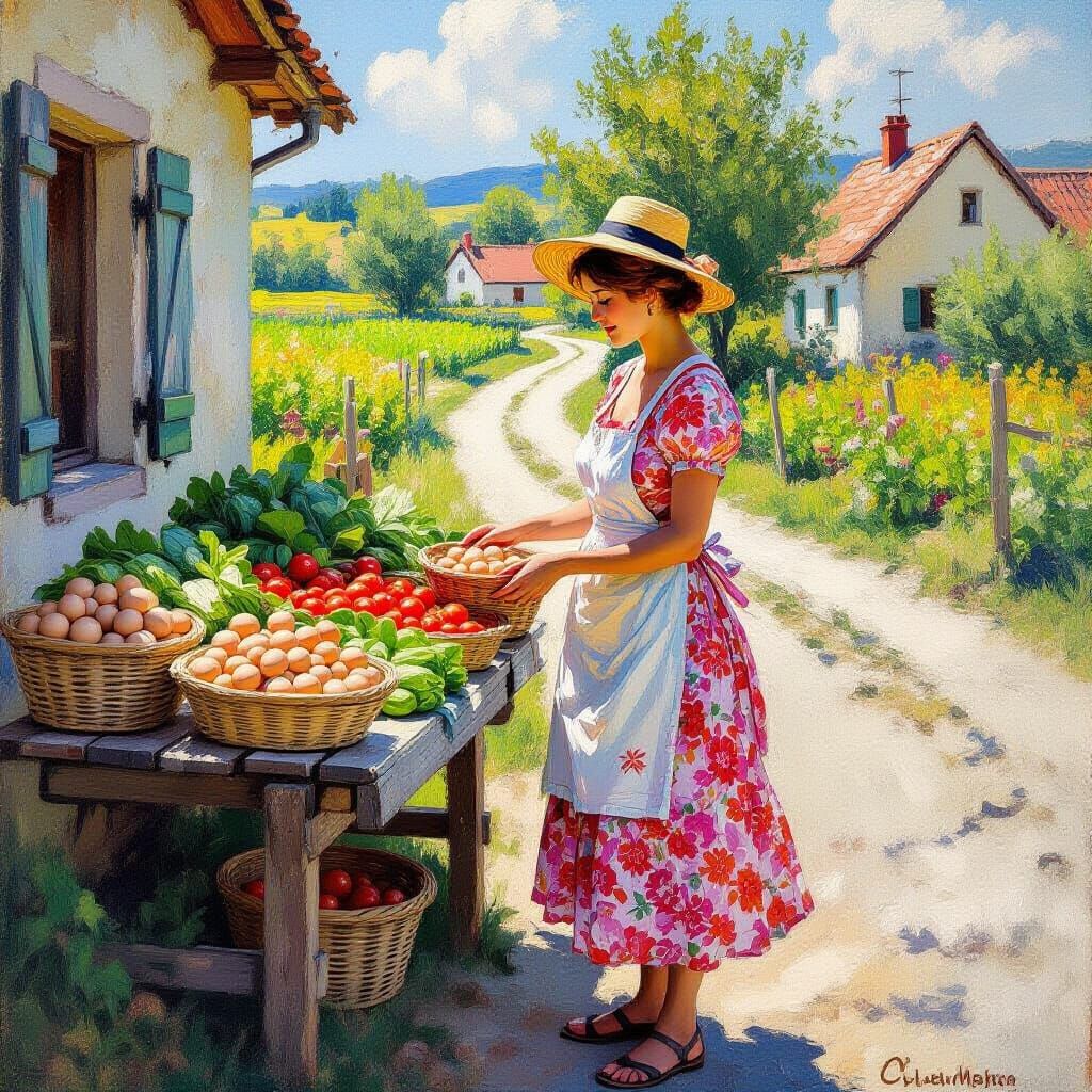 A lady is standing and selling eggs and vegetable at her farmstand.  by @Nutti3ism