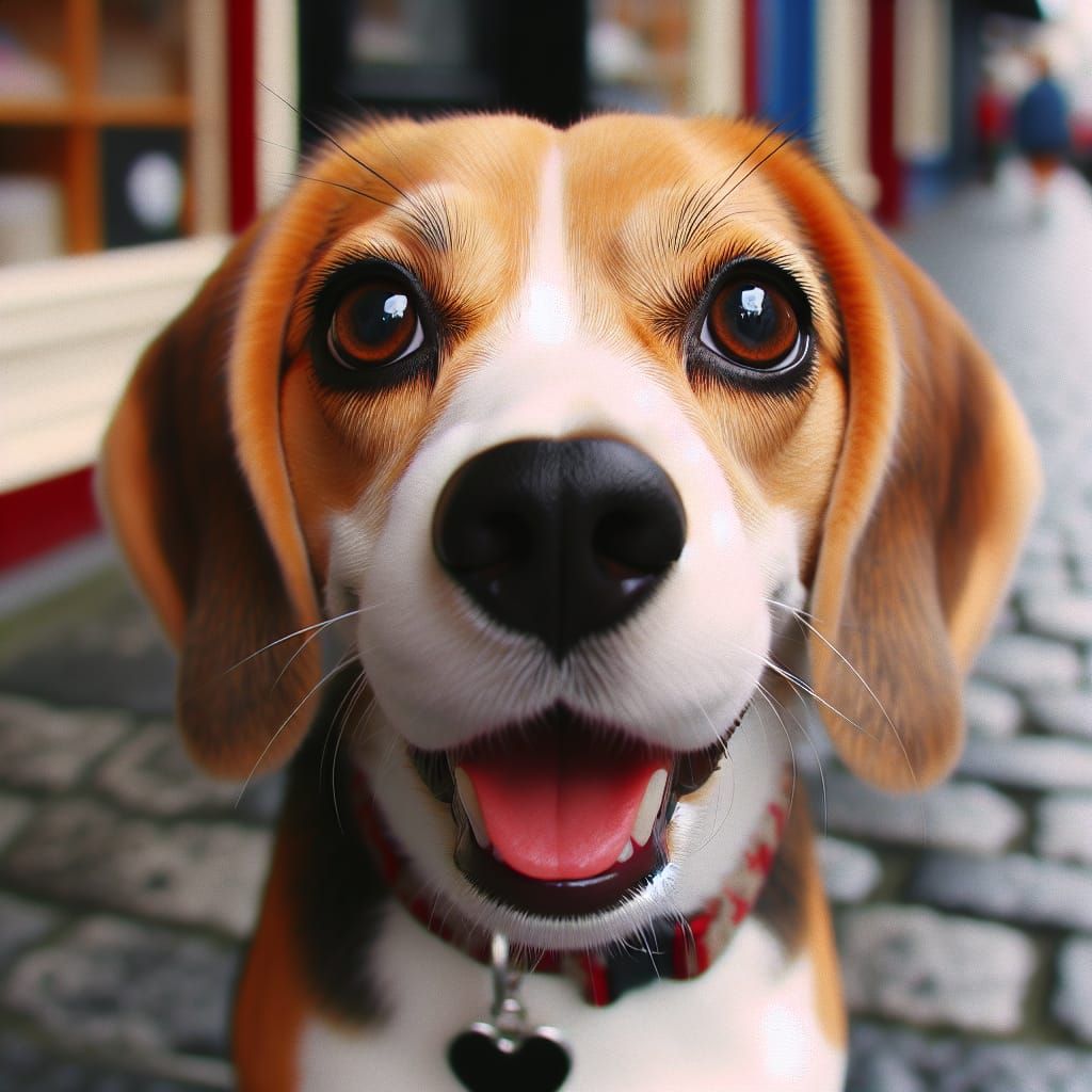 an up-close view of an adorable, wide-eyed, beagle dog. This canine subject, with its ears perked and panting mouth open...