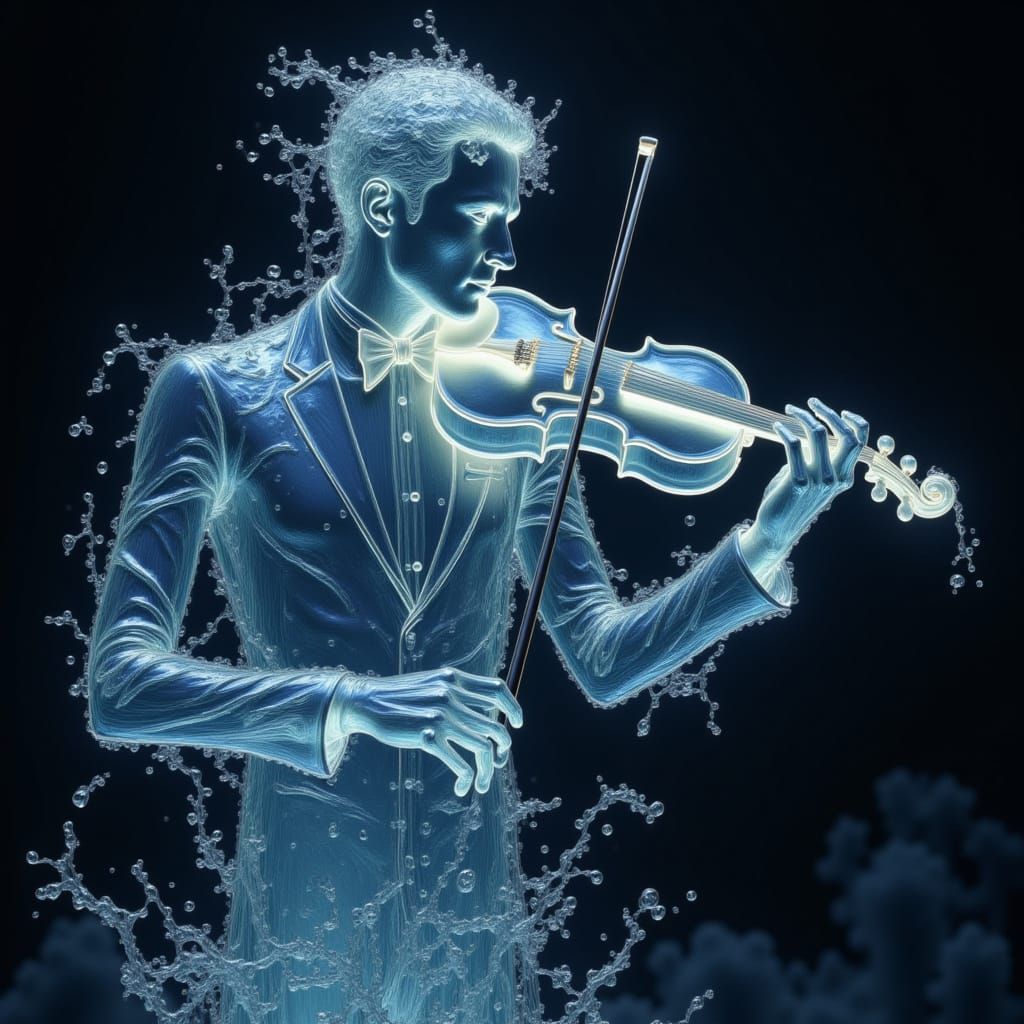 man on tuxedo playing violin all made of transparent shining water water <lora:The Water of Red:1.0>