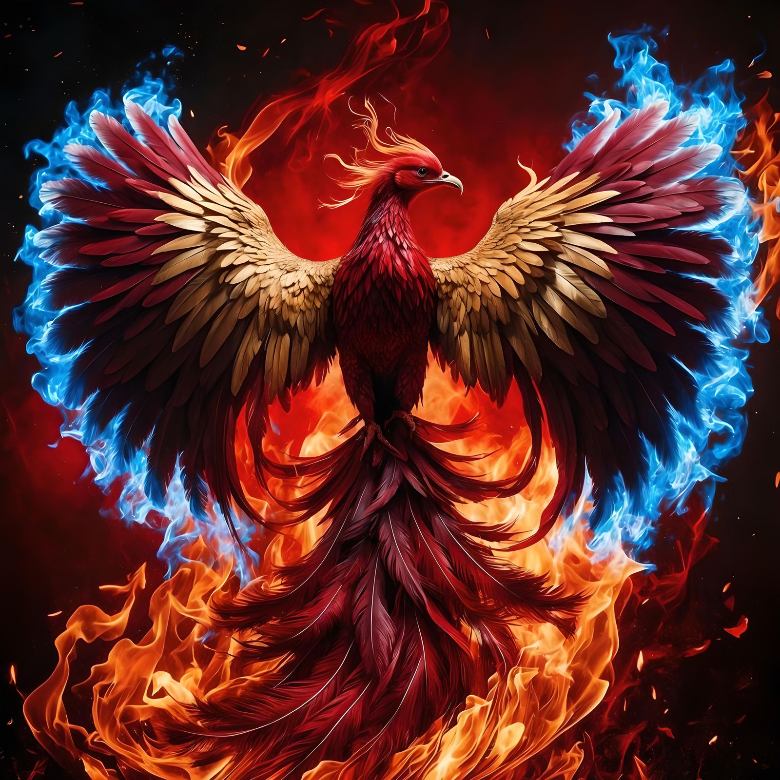 Fiery Red and Gold Phoenix with Blue Flames