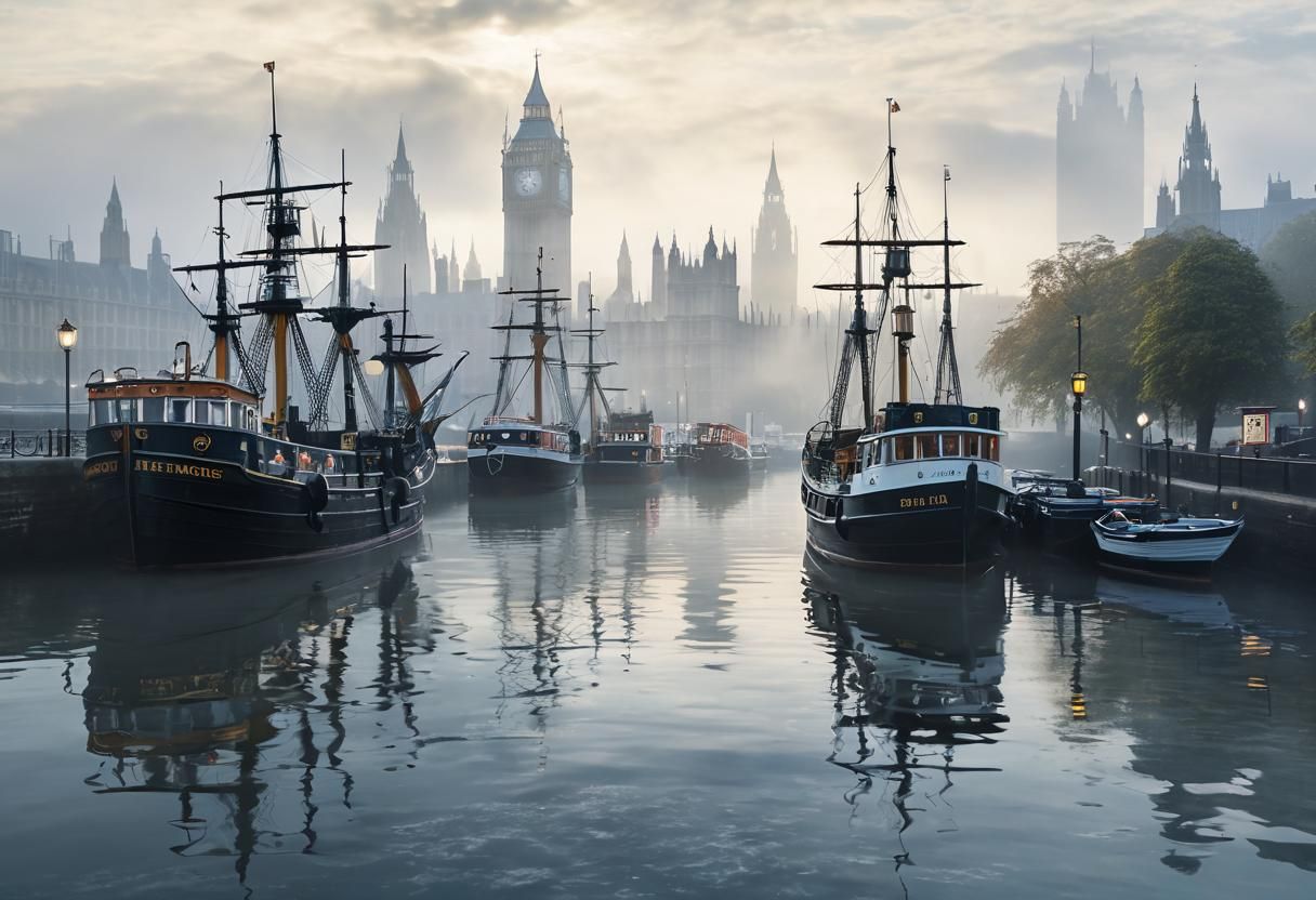 A magical and misty harbour, with Westminster in in the background.