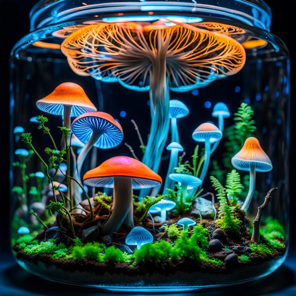 A magical bioluminescent psilocybin ecosystem inside of a Terrarium  by @Autum Who