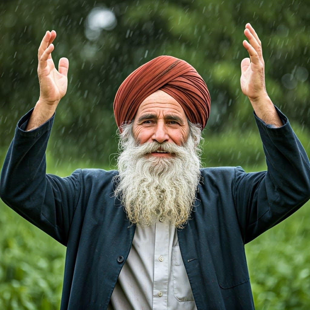 Triumphant Jewish Farmer in a Lush, Rainy Field