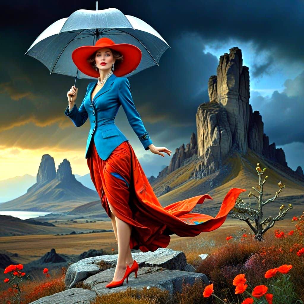 Extravagant Lady in Surreal Landscape Photograph