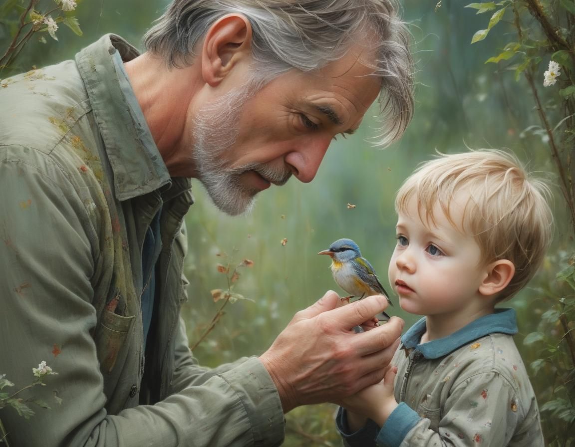 the father explains nature to his cute little son and shows him a bird sitting on his hand, by Lucy Grossmith ...  by @Tina auf der Blumenwiese